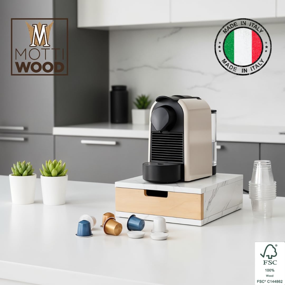 Mottiwood Porta Capsule Cialde con Cassetto, Salva Spazio, Effetto Marmo Bianco, 31x31x12hcm, Cassetto Porta Capsule o Cialde Compatibili, Bustine e Accessori, Made in Italy (Effetto Marmo Bianco)