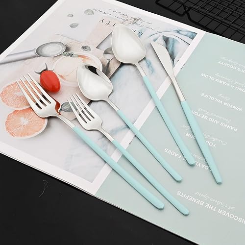 Miniatura 2 de JASHII Juego de cubiertos de acero inoxidable 1810 pulido con espejo, color verde menta y plateado, servicio para 4, cuchillo de cena, tenedor,
