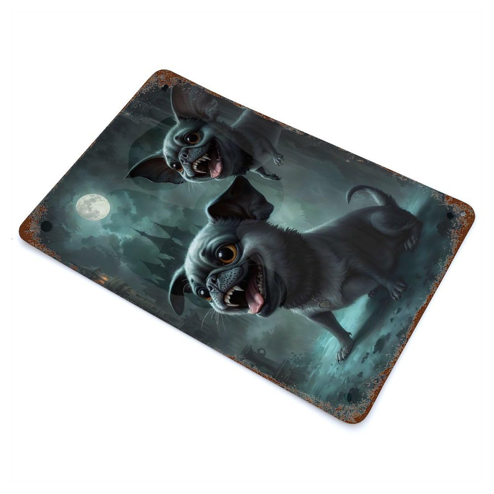 Dracula Pug 11.8"x7.9" Rust Effect Tin Sign, Rustic Home Decor for Office, Studio And Wall Decor