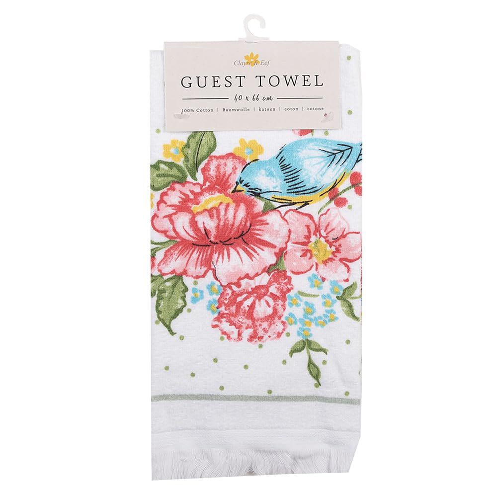 Clayre & Eef Toalla de Invitados 40x66 cm Blanco Rosa Algodón Rectangular Flores