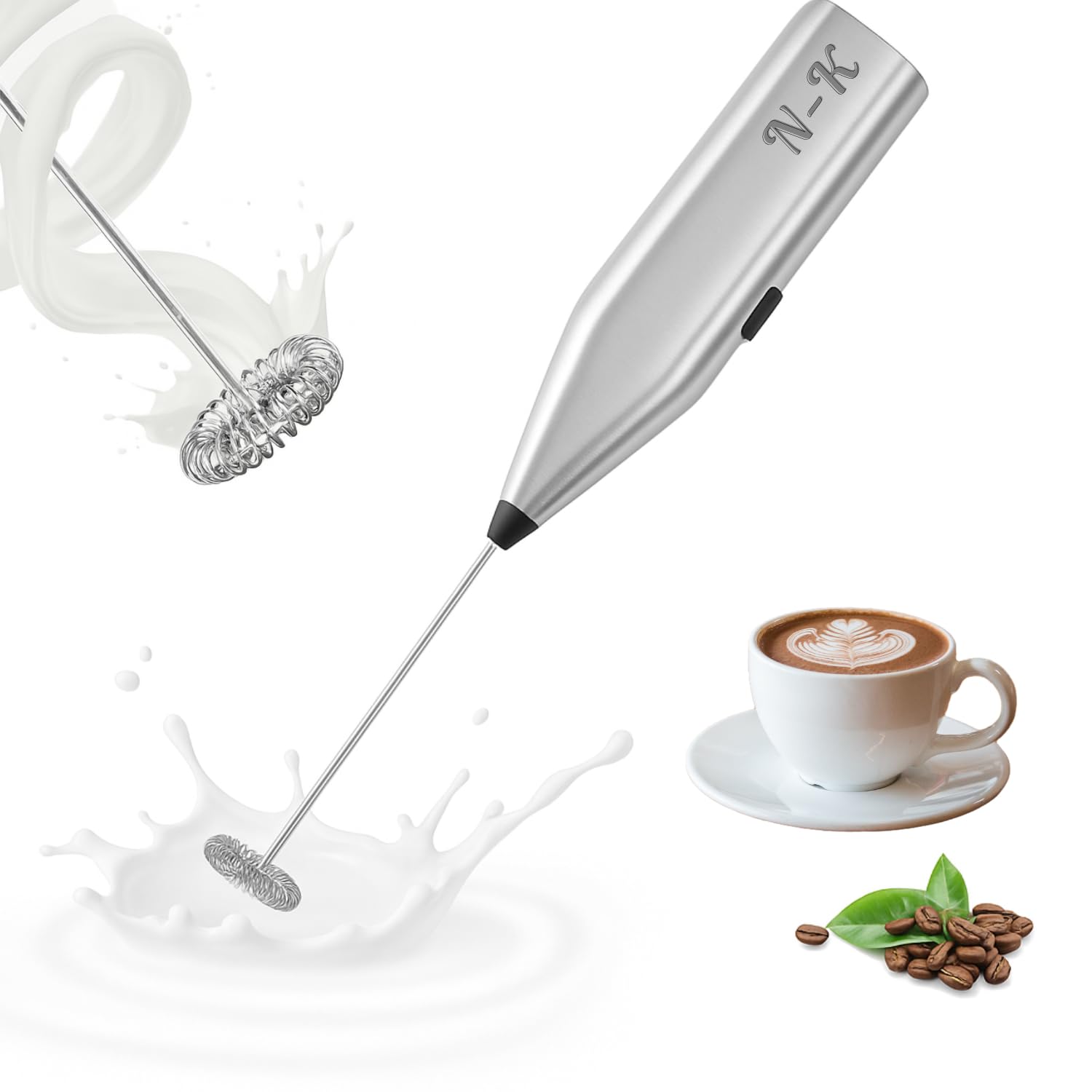 Handheld Milk Frother – Electric Drink Mixer with Stainless Steel Whisk – Powerful Portable Foam Maker for Coffee, Latte, Cappuccino, Matcha, Hot Chocolate & More (Silver)