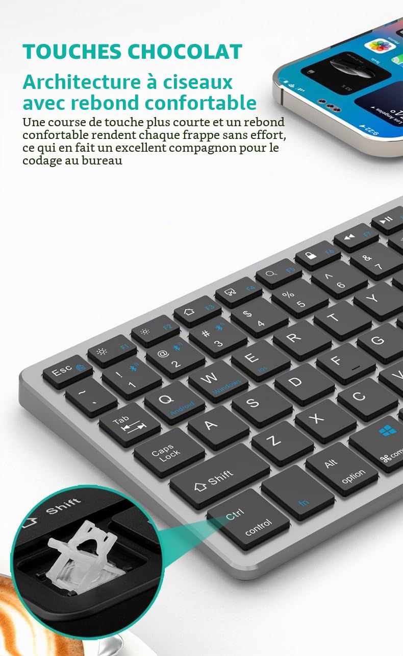 Ensembles Clavier Souris sans Fil Bluetooth & 2.4Ghz USB,Trois Modes,Quatre Canaux,Clavier et Souris sans Fil Rechargeable Silencieuse,Clavier Ultra-Fin avec Pavé Numérique pour PC/Laptop/Mac,QWERTY
