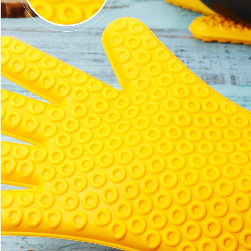 Manoplas Horno, Guantes Gruesos De Silicona Cinco Dedos para Altas Temperaturas Y Anti-escaldaduras Aislamiento Cocina para Horno para Hornear Amarillo, 2 Piezas Cocinar Barbacoa