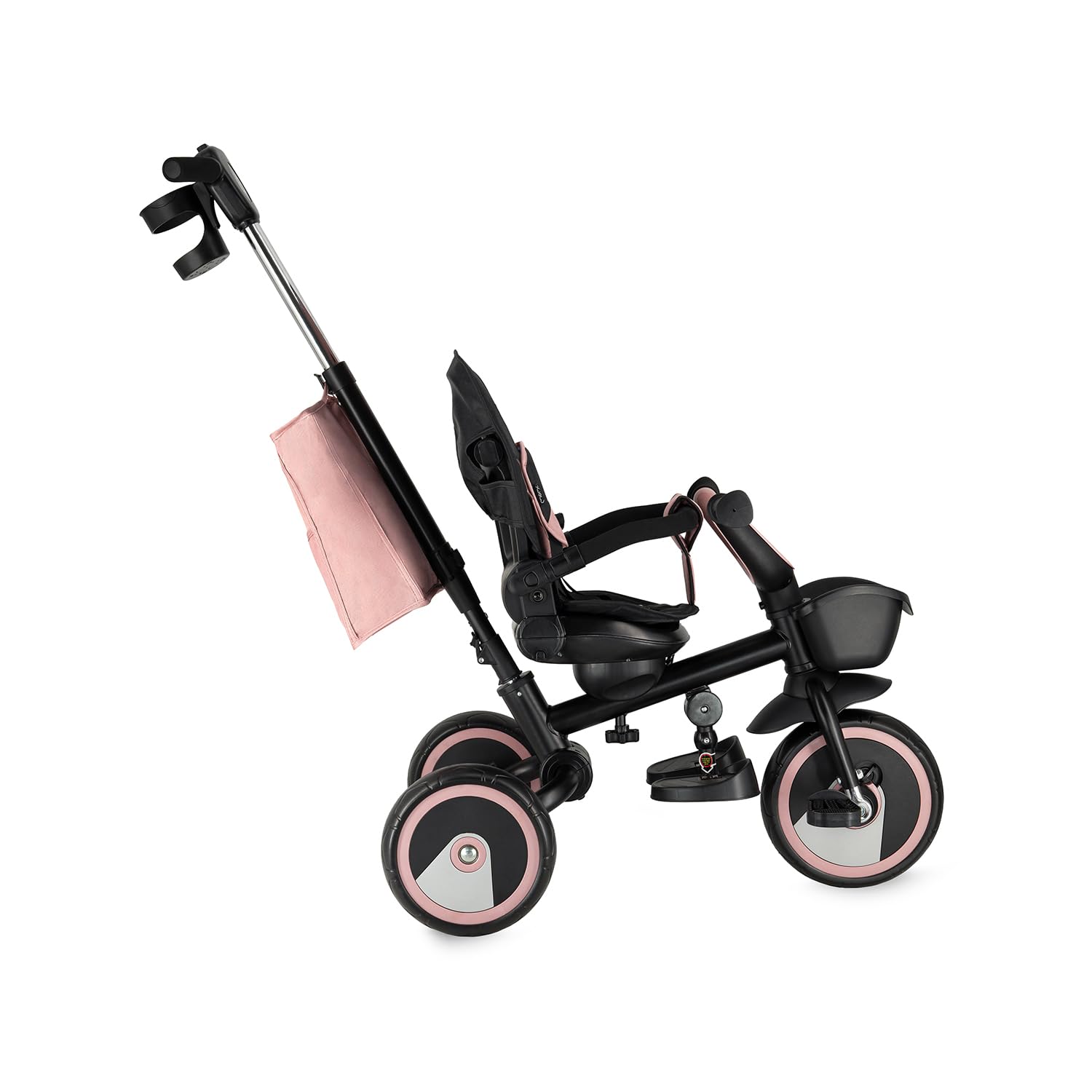 Triciclo per bambini MoMi IVI, seduta girevole 360°, cinture a 3 punti, poggiapiedi, tettuccio parasole, ruote EVA, manubrio regolabile, borsa e cestino portaoggetti