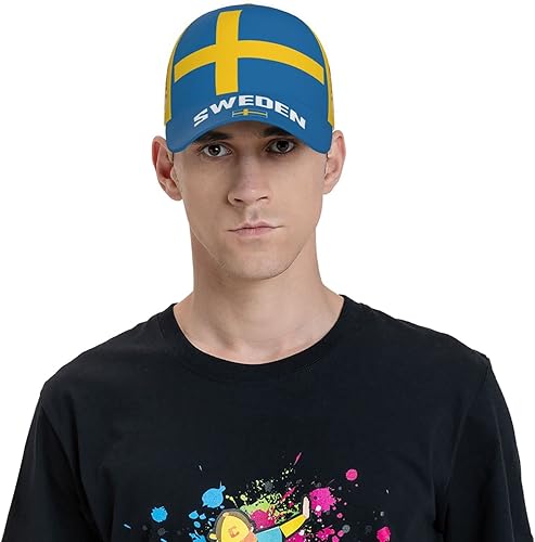 Vista 6 de Gorra de béisbol sueca con la bandera sueca 3D de impresión completa para adultos, unisex, ajustable, gorra patriótica de fútbol, bandera