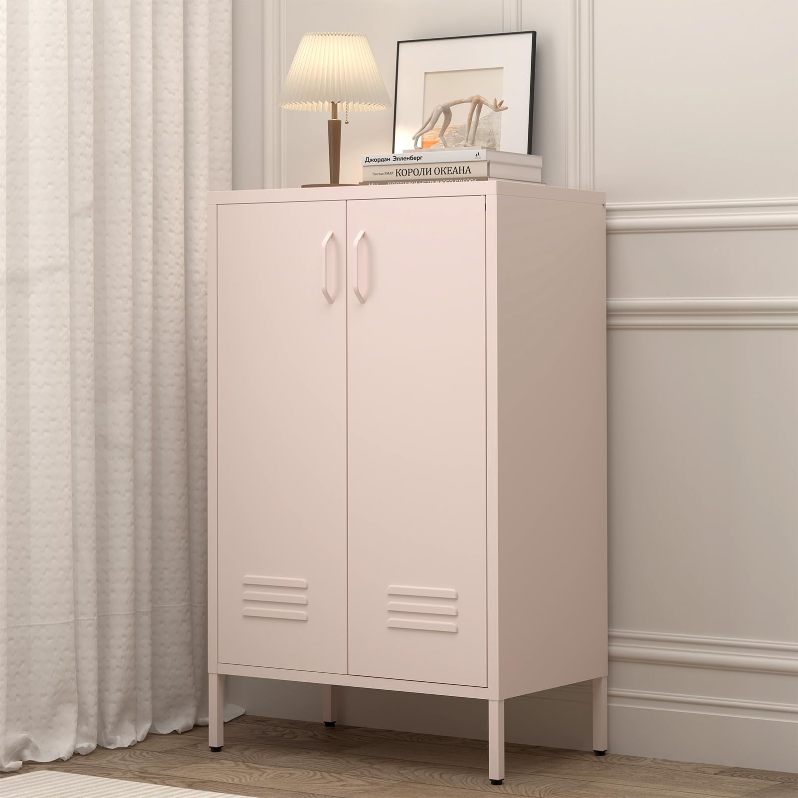 GREATMEET Metall-Lagerungsschrank, Lagerungsschrank mit rosa Akzenten, metallene Speisekammer-Schränke mit Türen, Lagerungsschrank für Wohnzimmer, Küche, Büro