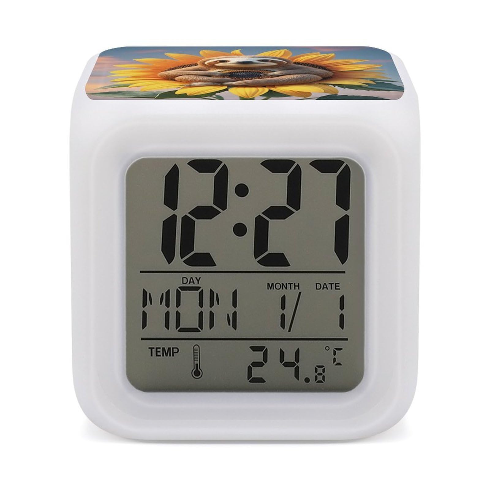 LZQPOEAS Sloth Sitting on Sunflower Alarm Clock Desk Clock with 7 Color Changing Night Light Digital Clocks with Temperature Display Sleep Training and Sound Machine for Heavy Sleeper