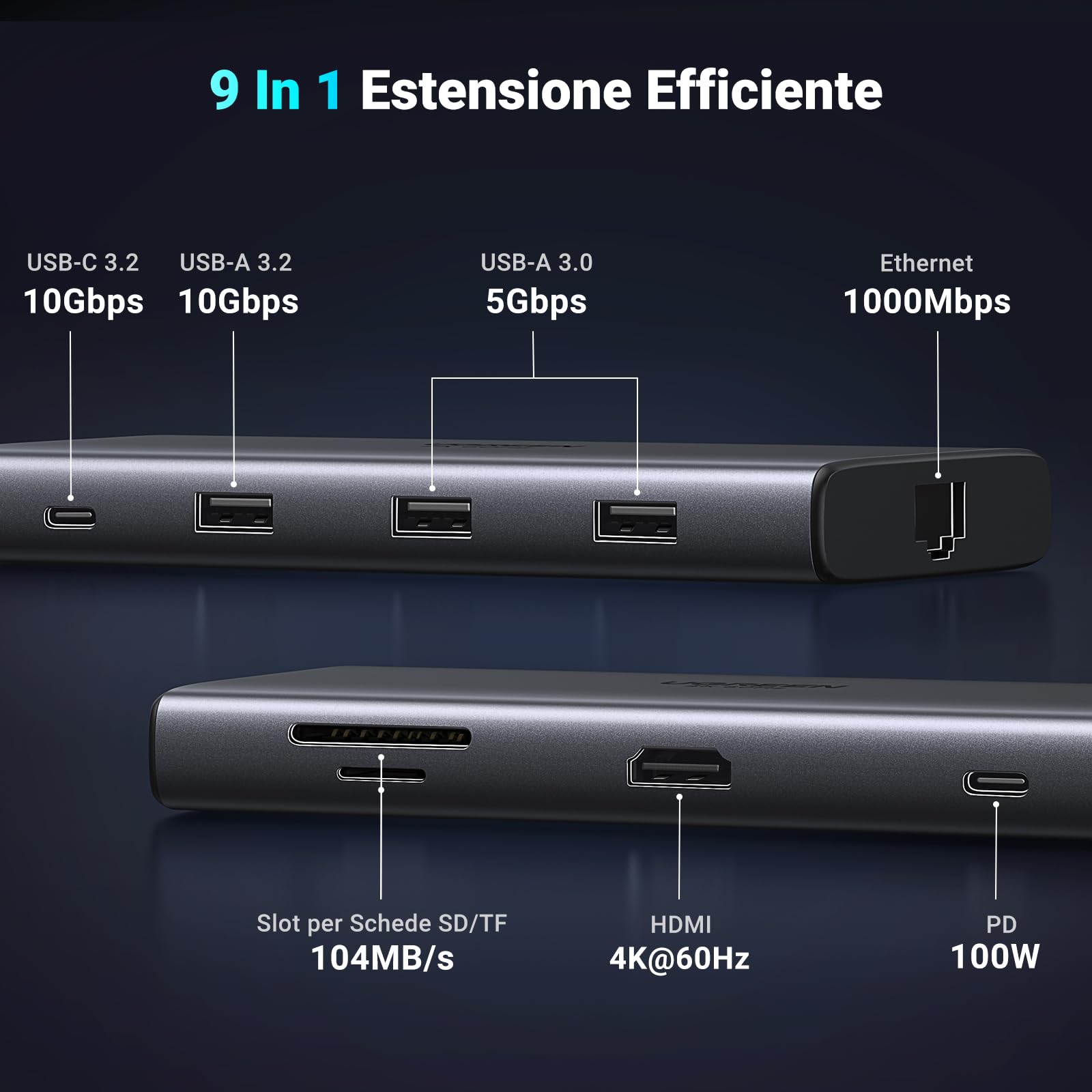 UGREEN Revodok Pro 109 Hub USB C 3.2 Gen 2 10Gbps HDMI 4K60Hz Ethernet RJ45 Adattatore USB C USB PD Carica 100W Lettore Schede SD TF Compatibile con MacBook Pro Air iPad Pro Air iPhone 15 Pro Surface