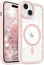 LCHULLE for iPhone 15 Plus Case for iPhone 14 Plus Case, Magnetic Clear Glitter Diamond Rhinestones for Women Girls Compatible with MagSafe Shiny Sparkle TPU Bumper Shockproof Phone Cover, Baby Pink