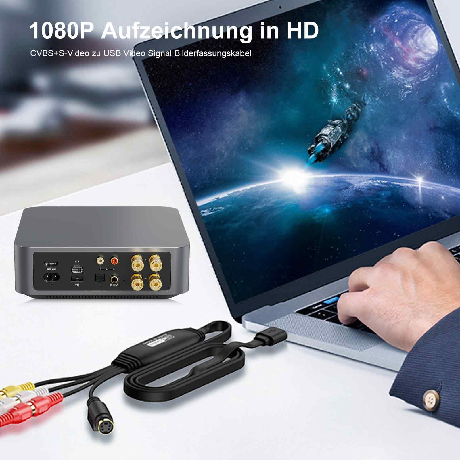 HOSPAOP Convertisseur VHS vers numérique USB 2.0 - Carte de capture vidéo 1080p pour numériser VHS, adaptateur AV et RCA, VCR DVD vers PC, compatible avec Windows et Mac OS