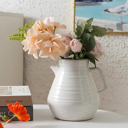 Miniatura 6 de WANYA Jarrón de cerámica blanca para decoración del hogar, jarrón grande de cerámica para flor, jarrón texturizado de granja, jarra de leche rústica