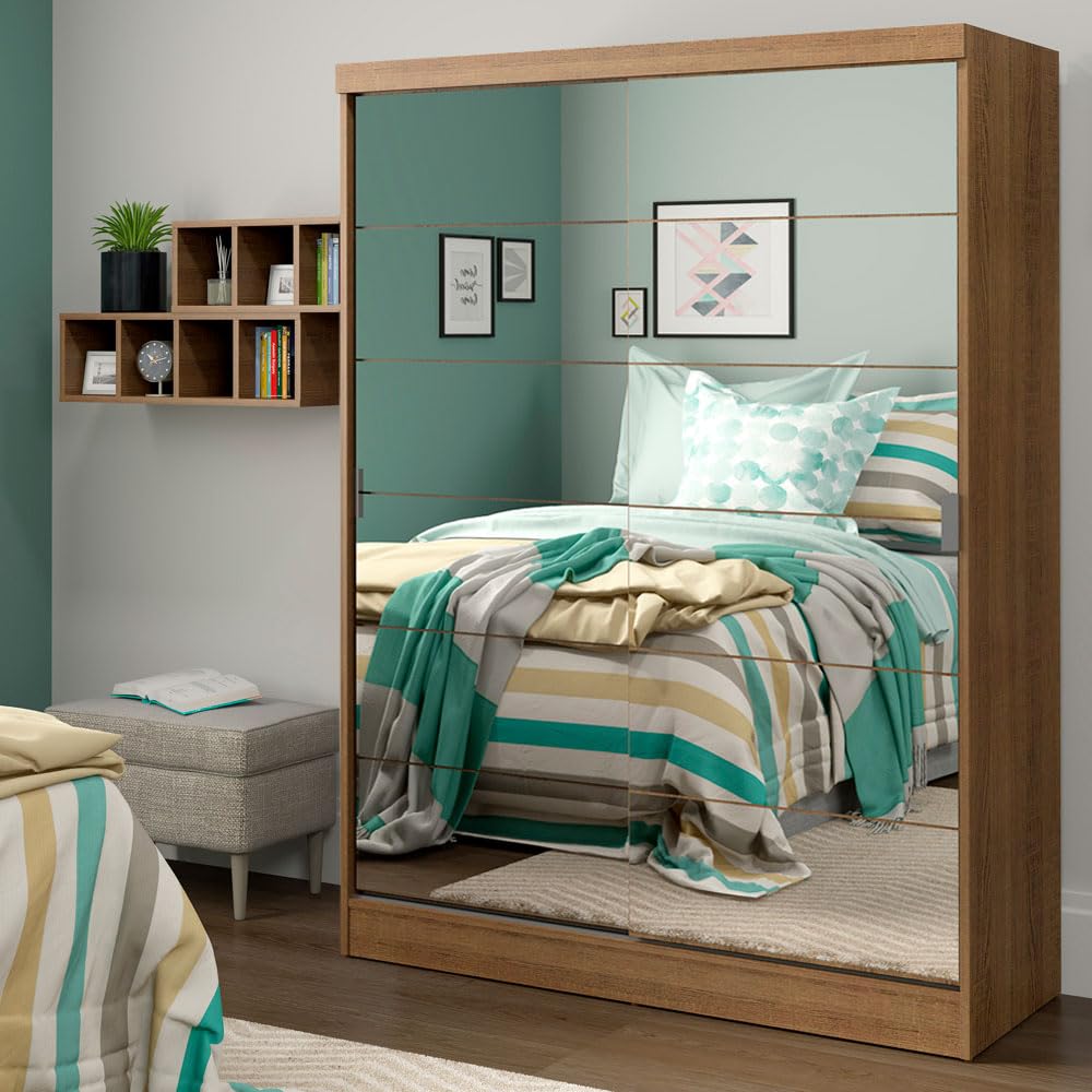Madesa 2 Sliding Doors Wardrobe 2 Mirrors Ample Storage Wooden Almirah 119 Cm with Shelves, Drawers and Hanging Units for Bedroom - Brown-image-0