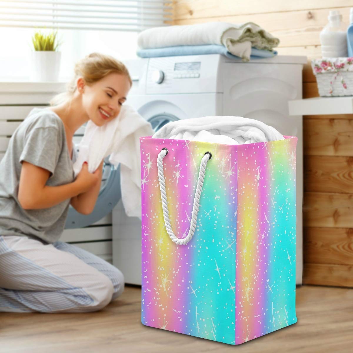 Großer Wäschesack mit holografischem Regenbogen-Einhorn, freistehend, faltbar, mit Tragegriffen
