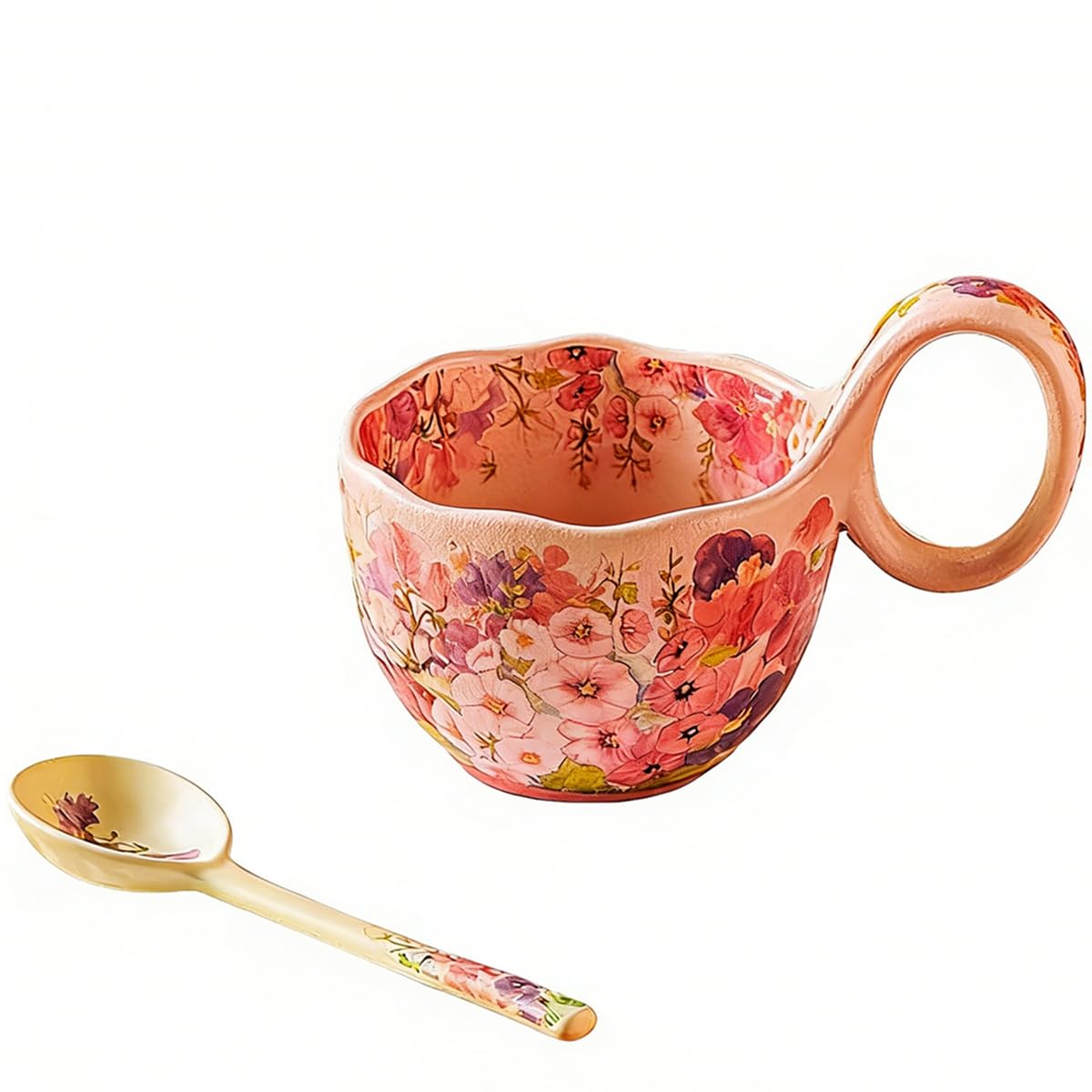 15.87 Oz Microwavable Soup Bowl with Handle, Hand Painted A Profusion of Blooms Decorative Soup Bowls with Handles, Ceramic Soup Bowl with Spoon for Holding Fruits Cereal Snack, Chili, Ice Cream, Stew