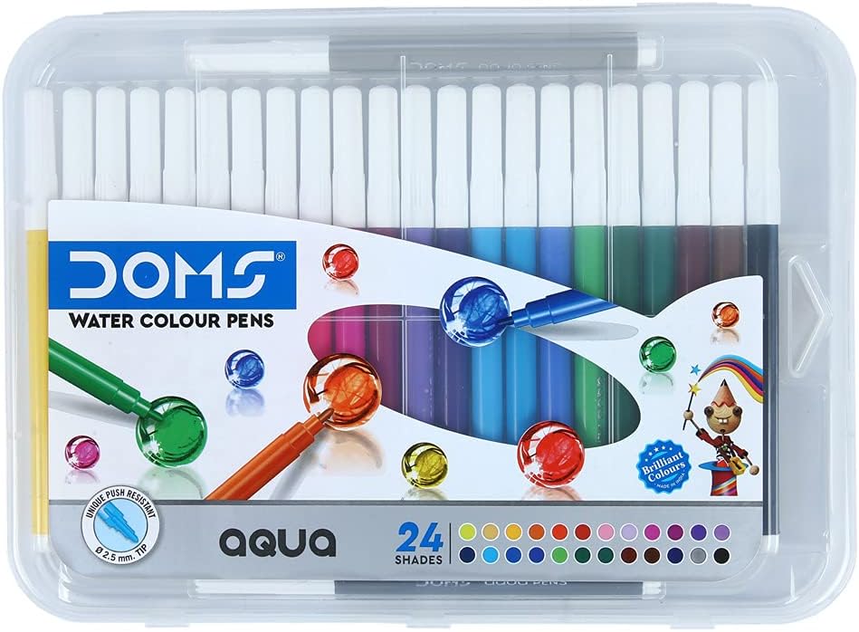 DOMS Aqua 24 Shades Watercolour Sketch Pen Set | Unique Push Resistant Tip With Bright & Intense Colors | Non-Toxic & Safe For Kids | Colourful Sketching, Doodling & Mandala Art | Pack of 1