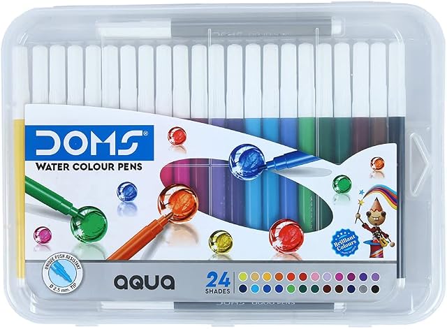 DOMS Water Colour Aqua Pen, MULTICOLOUR, 2.5mm Felt Tip Pens, Pack of 24, Unique Push Resistant, Sketch Draw Write, Children Adult School Home Use