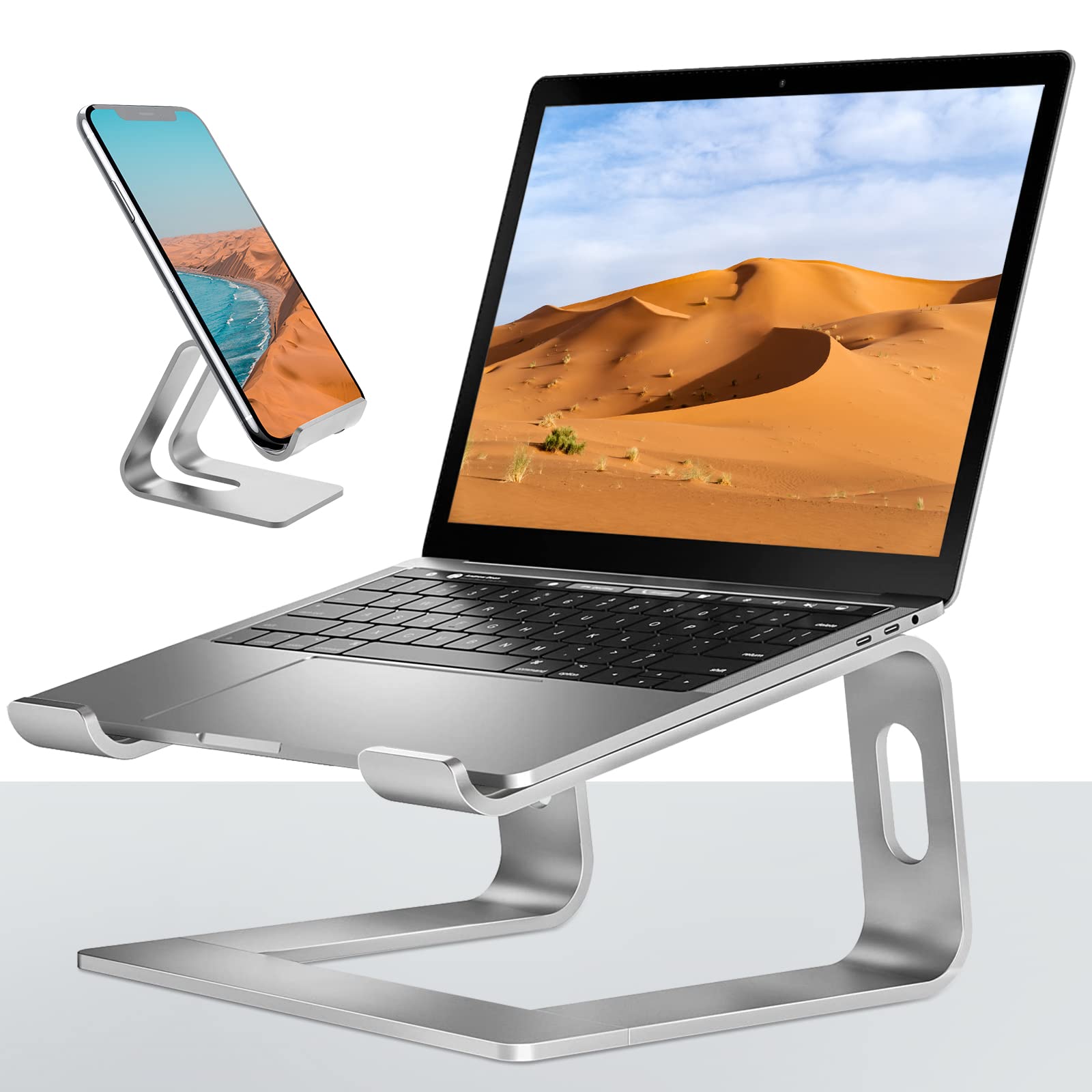 Soporte para computadora portátil, elevador de aluminio para todos los soportes de laptop de 10 a 17 pulgadas, incluye un soporte para teléfono celular (plateado)