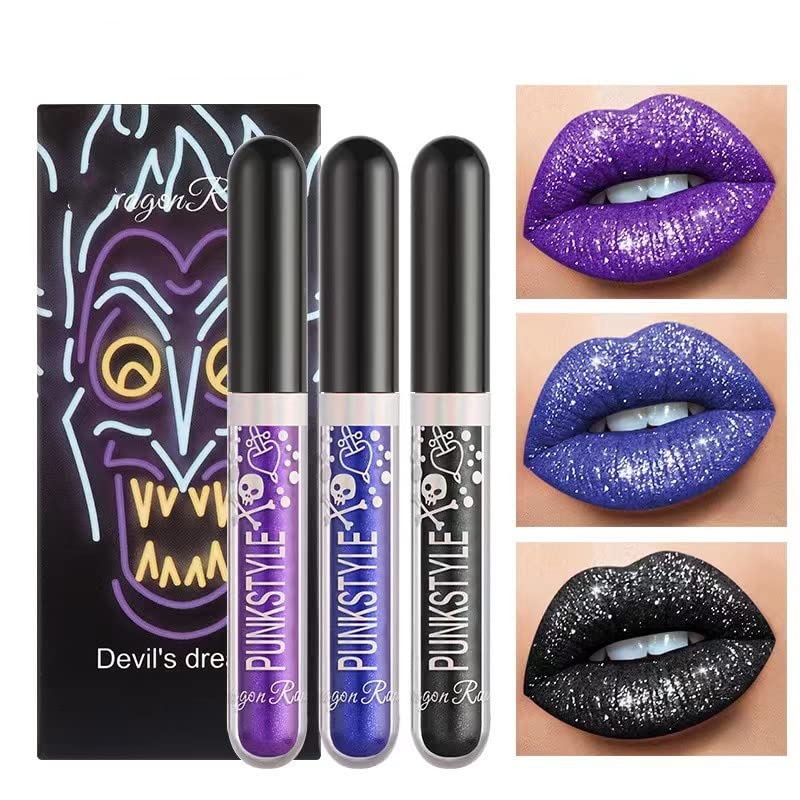 Halloween Glitter Liquid Lipstick Set Matte Liquid Lipstick Set Glitter Diamond Shining Lip gloss Long Lasting Waterproof Halloween Makeup Lipsticks Set (Set D)