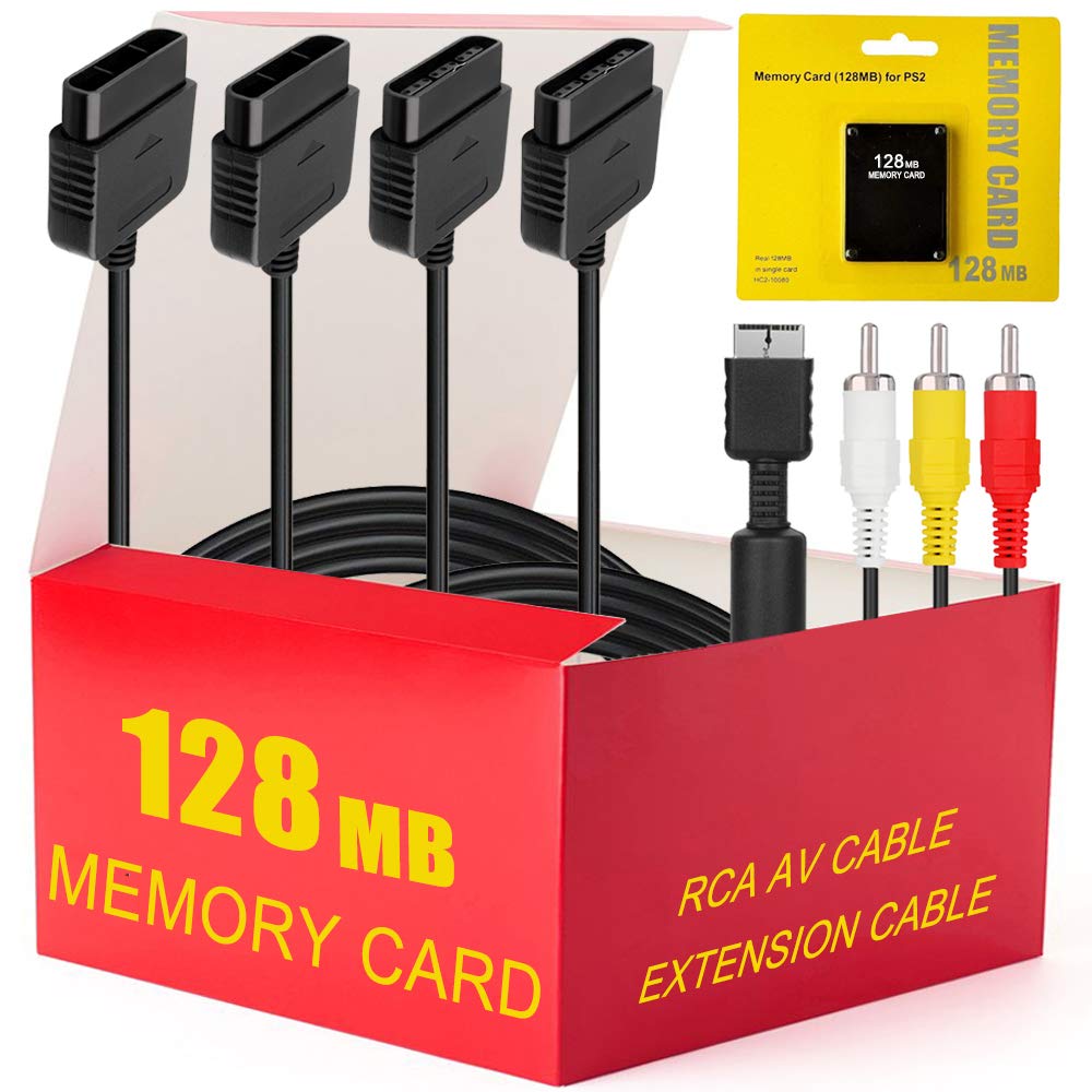 PS2 Accessories Bundle - 4 in 1 Essential Kit Including 128MB Memory Card + Audio Video RCA Cable and 2Pcs Controller Extension Cable for Sony Playstation 2 PS2 Console