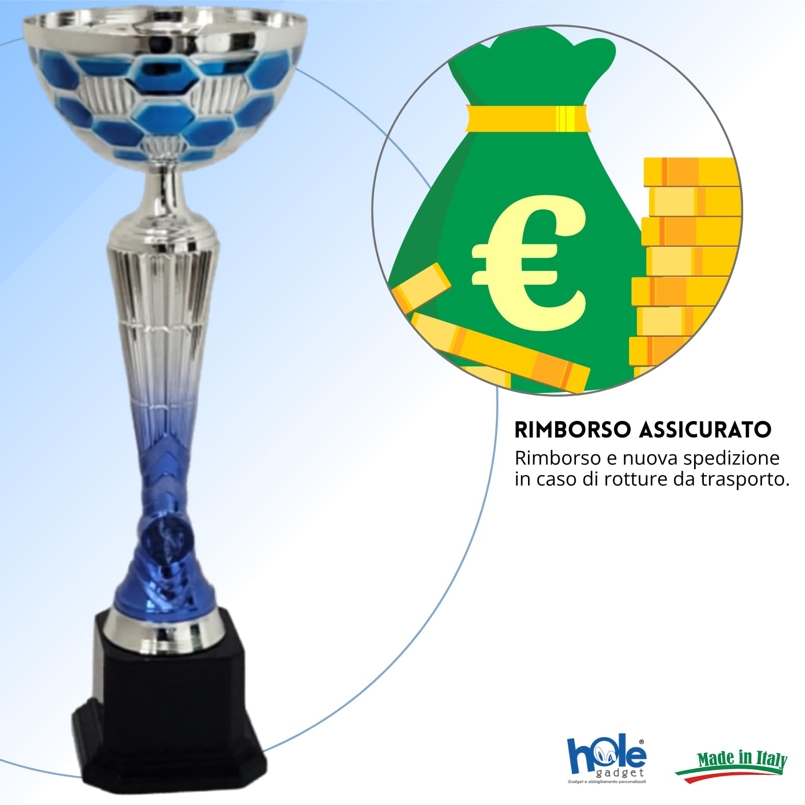 Coppa Trofeo Premiazione Personalizzata, Argento e Blu, Metallo, con Targhetta Stampata Inclusa, Varie Misure per Calcio, Fantacalcio, Eventi Sportivi, Padel, Basket, Sport.