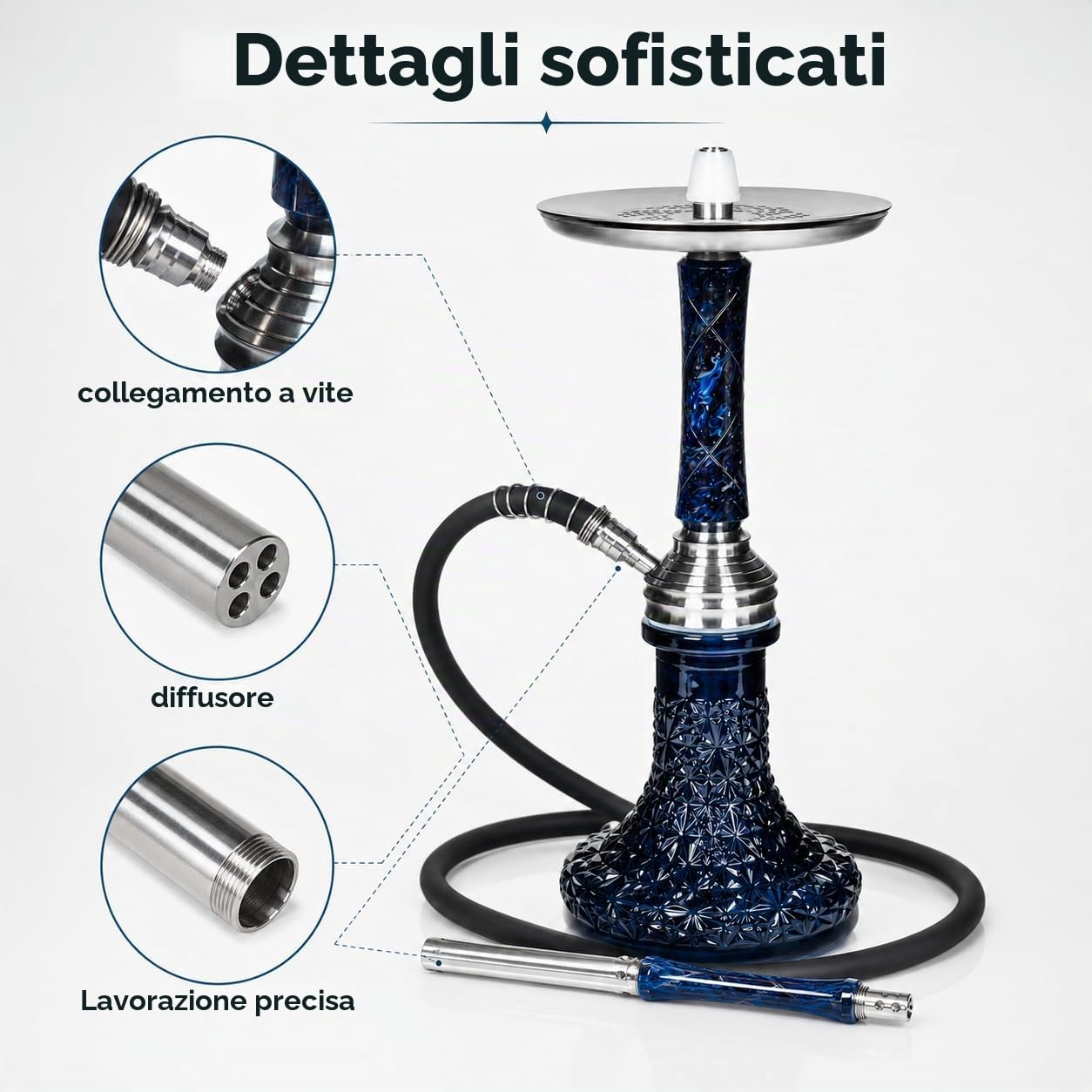 Secret Set completo per narghilè in acciaio inox epossidico, speciale sistema Blow-Off – Set di narghilè grande con tubo da 150 cm con bocchino epossidico e molti accessori