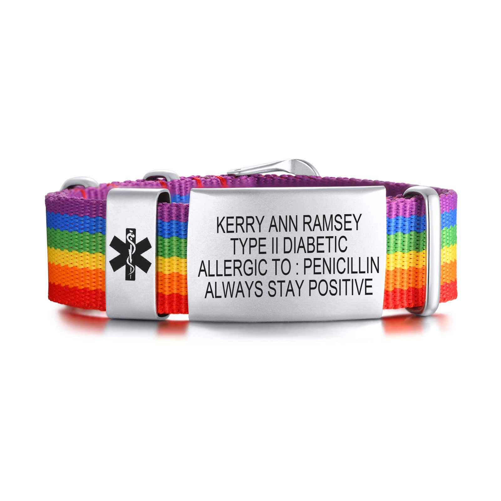 MEALGUET Personalized Medical Emergency ID Bracelet | Adjustable Sport Nylon Strap Belt Buckle Medical Alert Bracelet Allergy Diabetic Wristband for Women, Free Engraving,rainbow