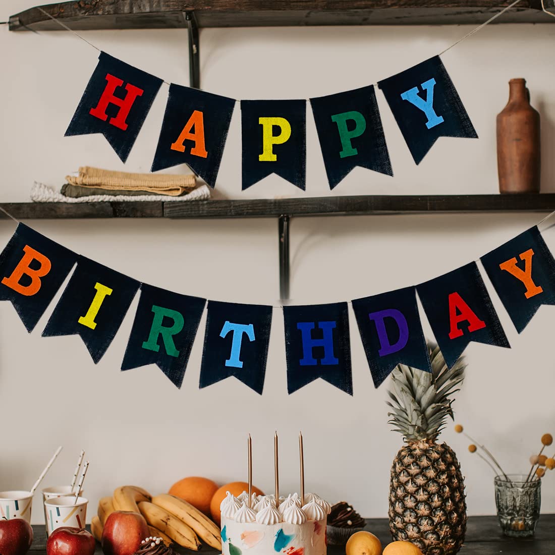 Black Burlap 'Happy Birthday' Banner - Pre-Strung Rustic Party Bunting Garland With Colorful Letters - View #11