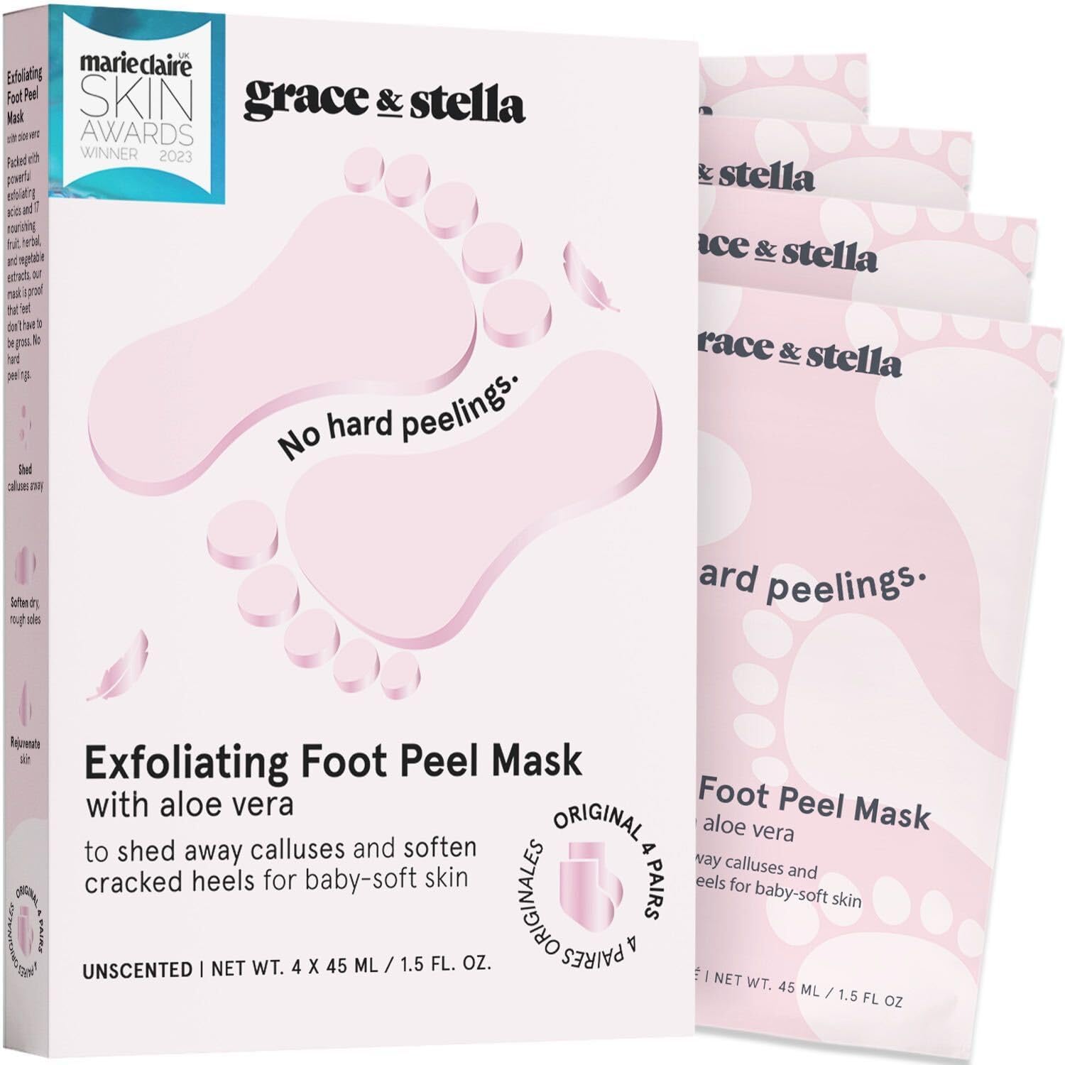 grace & stella Foot Peel Mask (1 Pair, Unscented) - Foot Peeling Mask for Soft Feet, Exfoliate Dead Rough Skin, Cracked Heels & Calluses, Get Soft Smooth Feet - Vegan Cruelty - Free Self Care