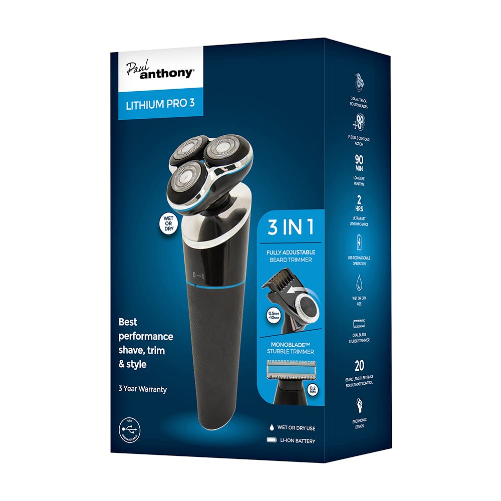 Lithium Pro 3 USB Wet  Dry Rotary Shaver with Beard Trimmer - Black