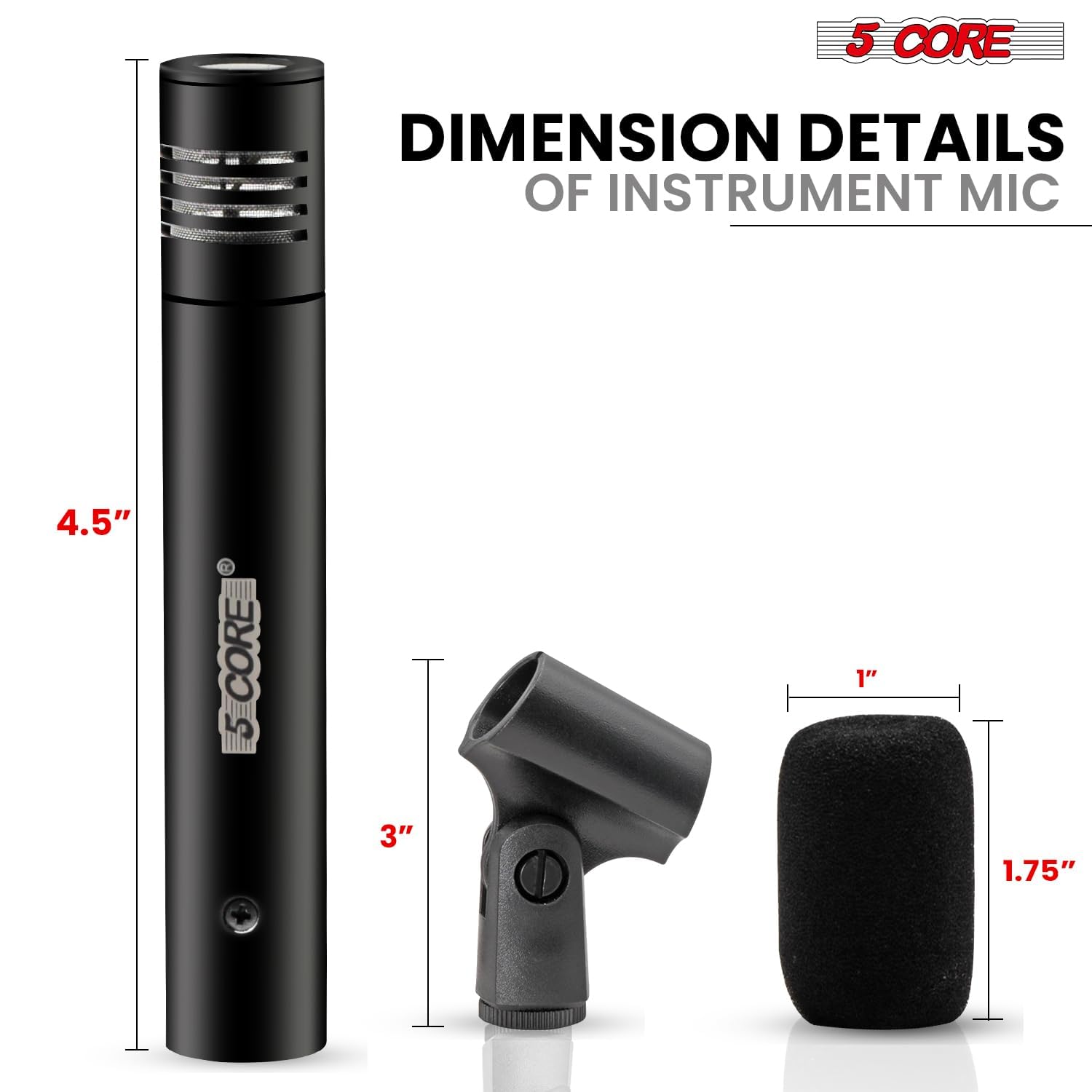 5 CORE Professional Instrument Microphone Pencil Mic Condenser Cardioid Unidirectional Stick Microfono + Windscreen Mic Clip & Case - INSTRU MIC 300 BLK