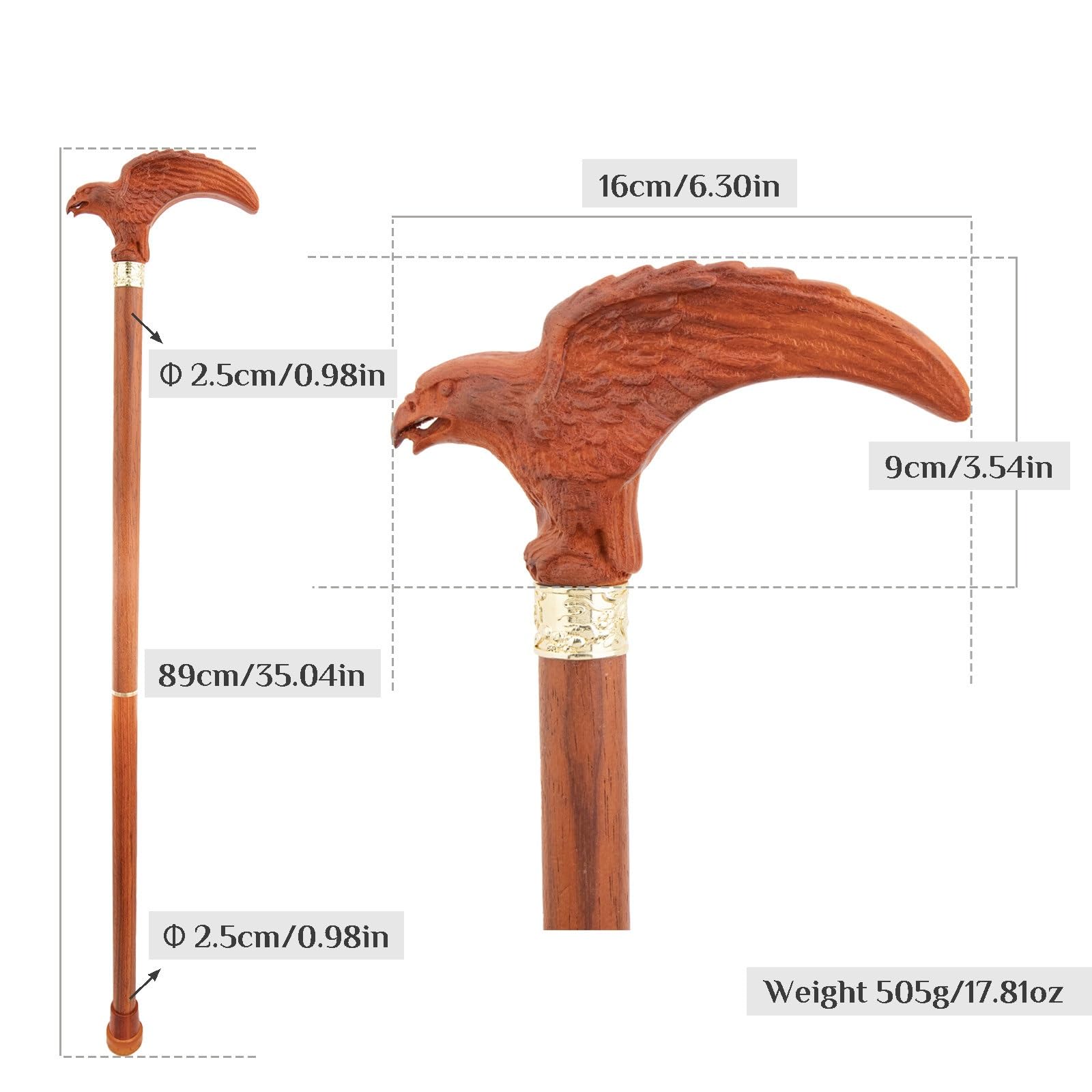 Holzgehstock mit Rotem Adler-Motiv, Länge 89 Cm Ergonomischer Griff und Rutschfester Gummifuß, Abnehmbarer Gehstock für Damen und Herren