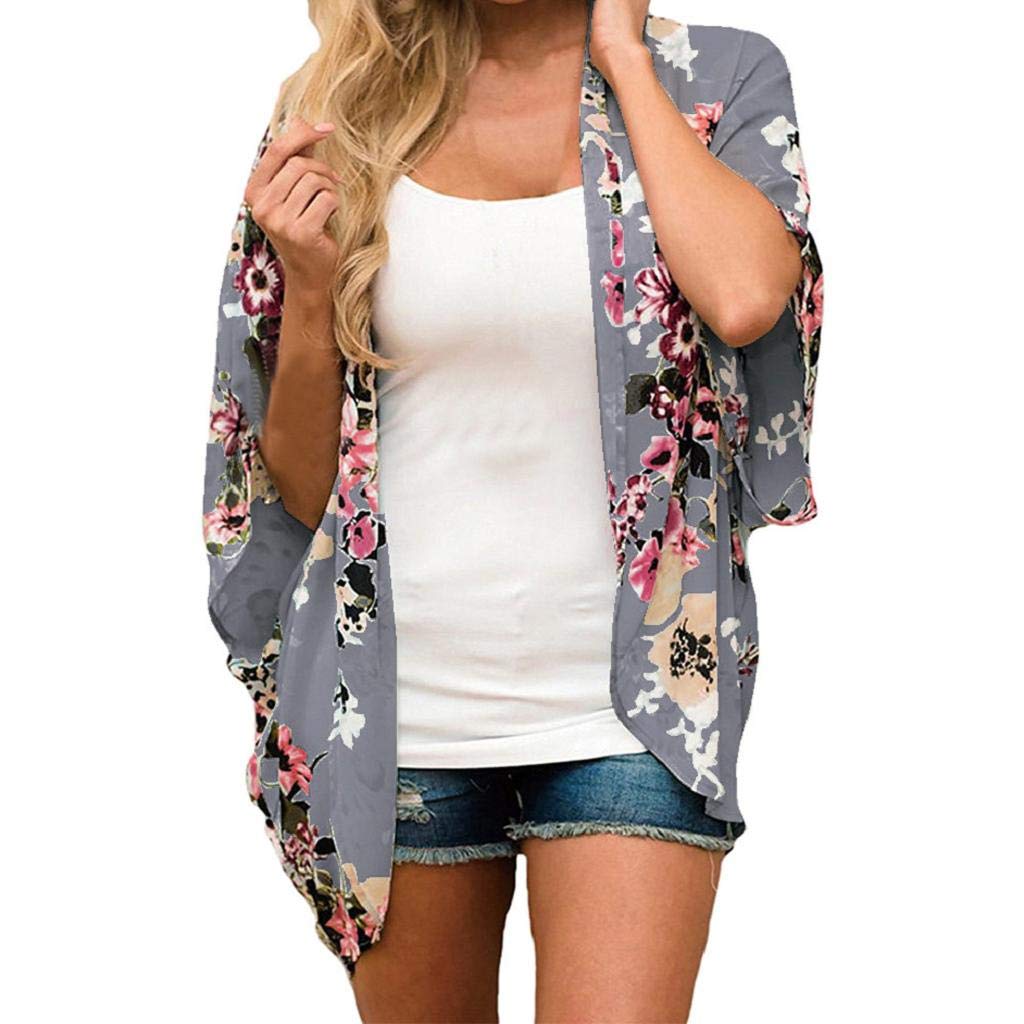 Cardigans Mujer Flores 2019 Nuevo SHOBDW Pareos Casual Cover Up Bikini Playa de Verano Suelto Media Manga Cardigans Mujer Kimono Chal(Gris,3XL)