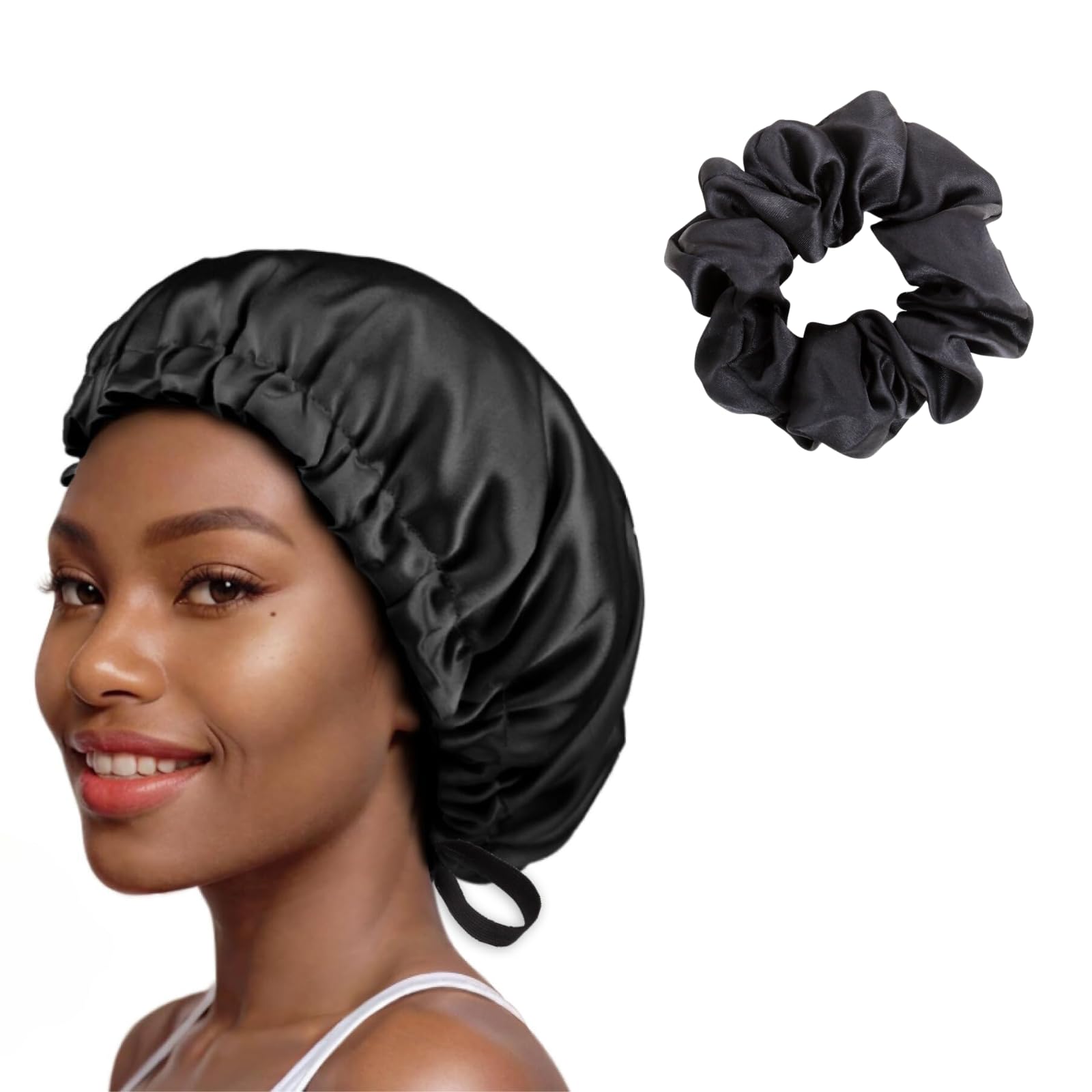 SIXHANS Satin Sleep Bonnet for Women & Men-Black Double Layer Hair Bonnet with Adjustable Strap,Curly Hair Protection