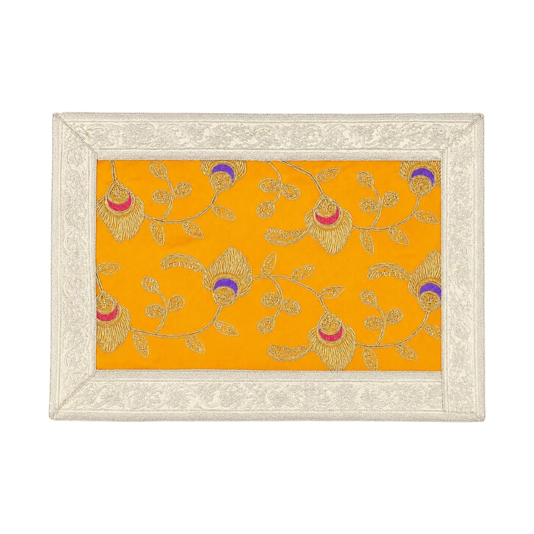 Shoppersduniya Yellow Velvet Designer Aasan for Puja Cloth Mandir Temple Home Office Base Chowki Special Decor (30x20 cm)
