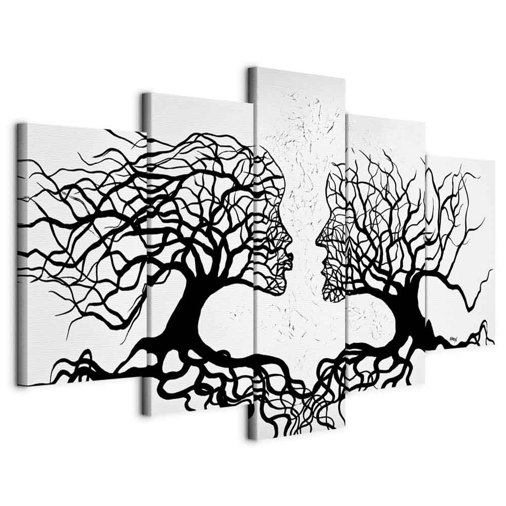 Cuadros B&D XXL - Cuadro en Lienzo Abstracto Personas 200x100 Impresión de 5 Piezas Material no Tejido Cuadros Grandes para Dormitorios Impresión Decoracion de Pared Arbol Blanco Negro a-A-0104-b-m
