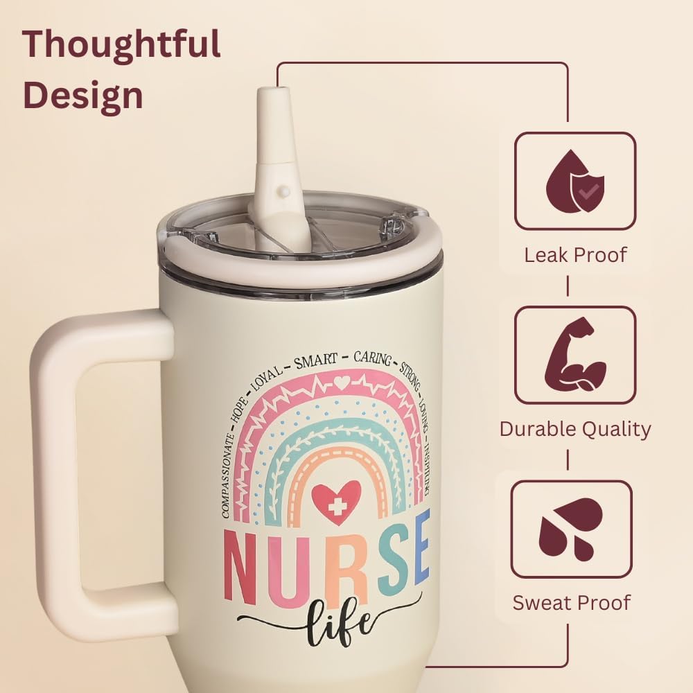 40 Oz With Handle and Straw, Mama Tumbler, Best Mom Ever Mug, Mom Birthday Present Ideal for Mother's Day Gift (Nurse with Rainbow, 40 Oz) - Image 4