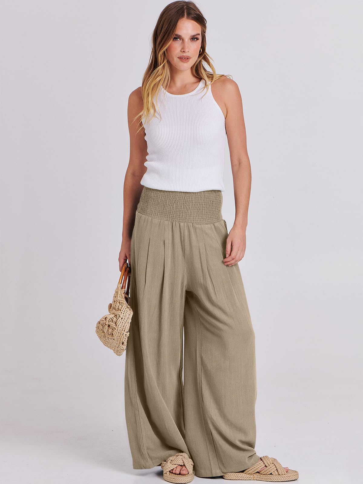 ANRABESS Women Linen Palazzo Pants Summer Boho Wide Leg High Waist Casual Lounge Pant 2025 Beach Travel Vacation Outfits: Brown Small