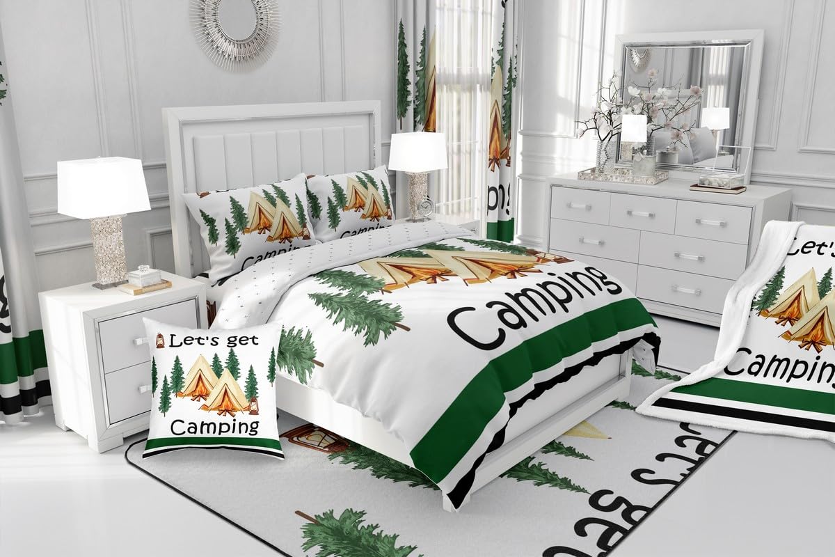 Loussiesd Happy Camping zestaw poszewek na kołdrę, rozmiar king size, dla dzieci, chłopców, dziewcząt, nastolatków, wzór ogniska, zestaw pościeli, akcesoria do przyczep podróżnych, biała poszewka na
