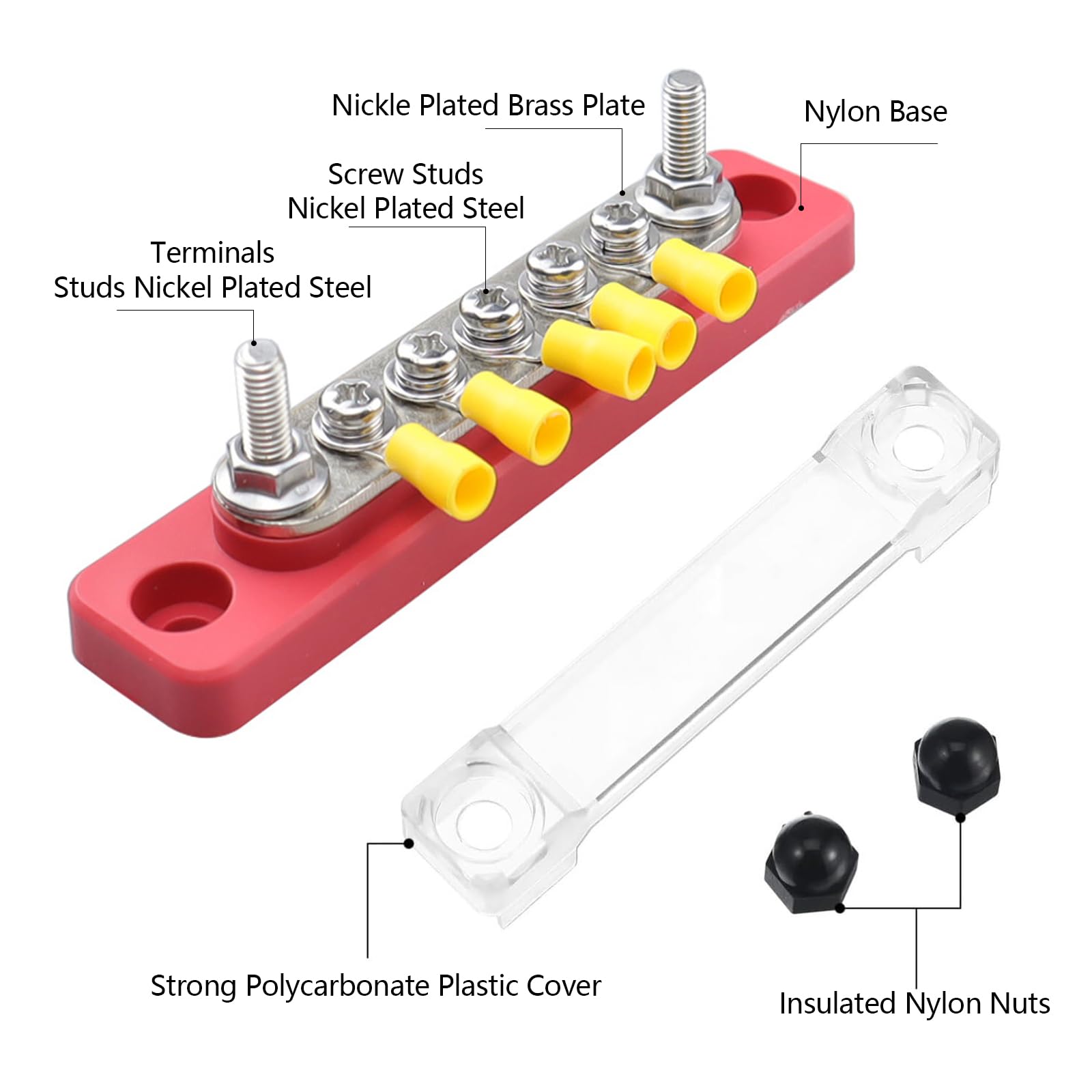 Barre de Distribution 12V-48V DC - 150A avec Boulons M6/M4 - Pour Voiture/Bateau/Yacht - Rail Alimentaton Haute Puissance (Rouge)