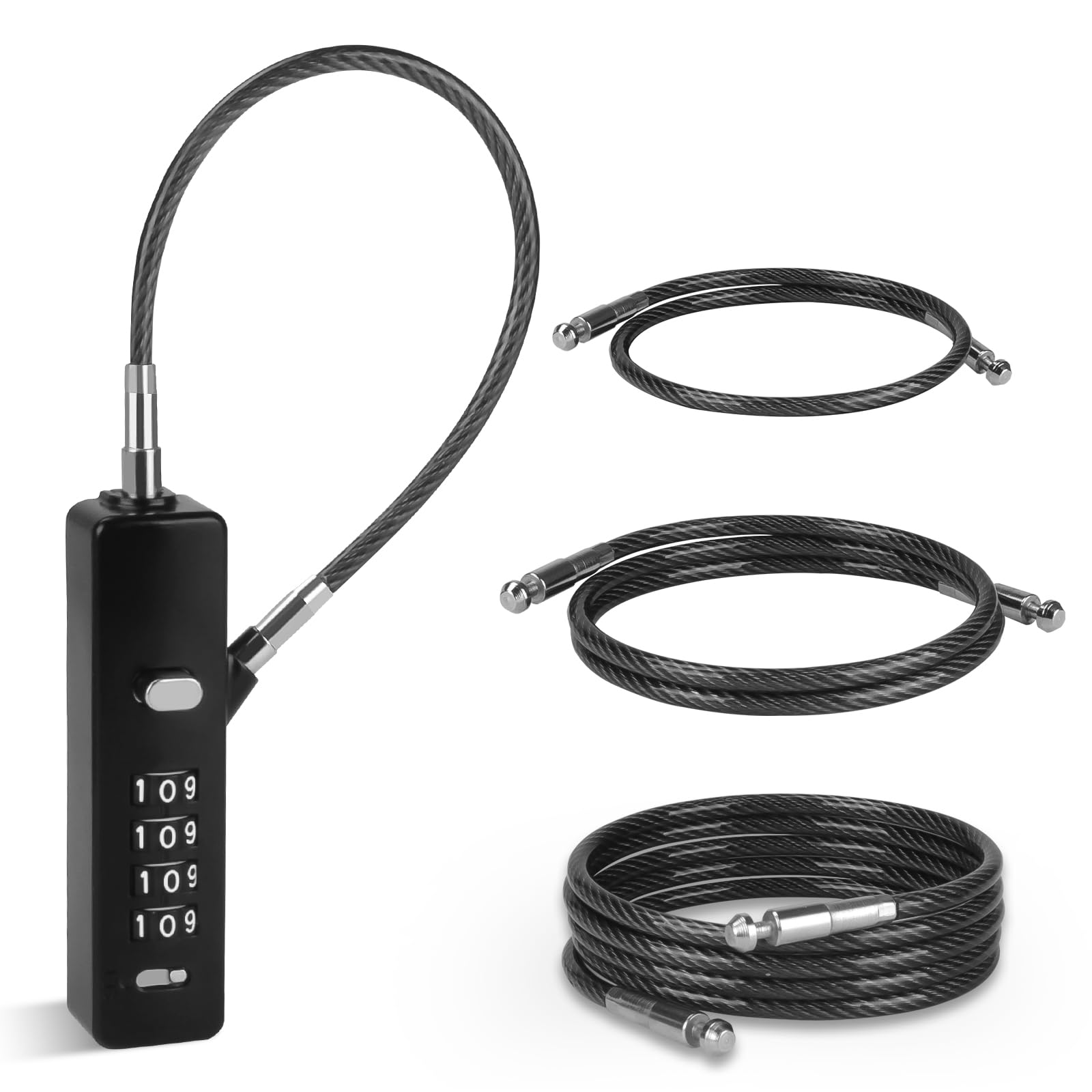 Cadenas à câble polyvalent – Cadenas à combinaison à 4 chiffres avec 3 cordes interchangeables en acier tressé (22,9 cm/59,9 cm/129,9 cm) – Idéal pour vélos, scooters, snowboards, armoires et portails