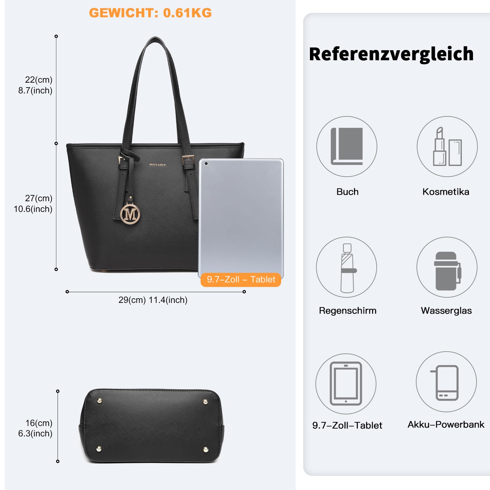 Miss Lulu Damen Handtasche Große Schultertasche Elegantes Shopper Henkeltasche mit verstellbarem Schulterriemen für Arbeit Schule Einkauf