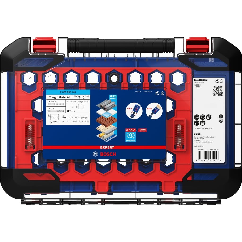 Bosch Professional 9 uds. Set de Sierra de Corona Expert Tough Material (para Madera con metal, Ø 22-68 mm, Accesorios Taladro de impacto rotativo)