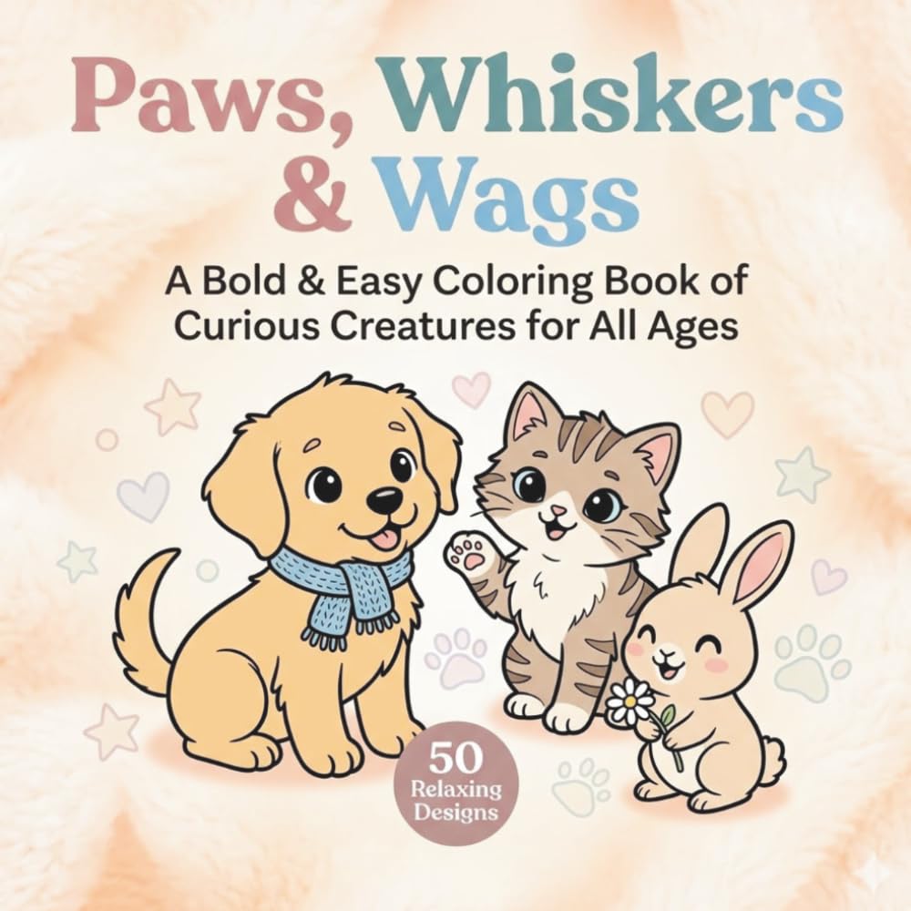 Paws, Whiskers & Wags: A Bold & Easy Coloring Book of Curious Creatures for All Ages (Children's Coloring Books)
