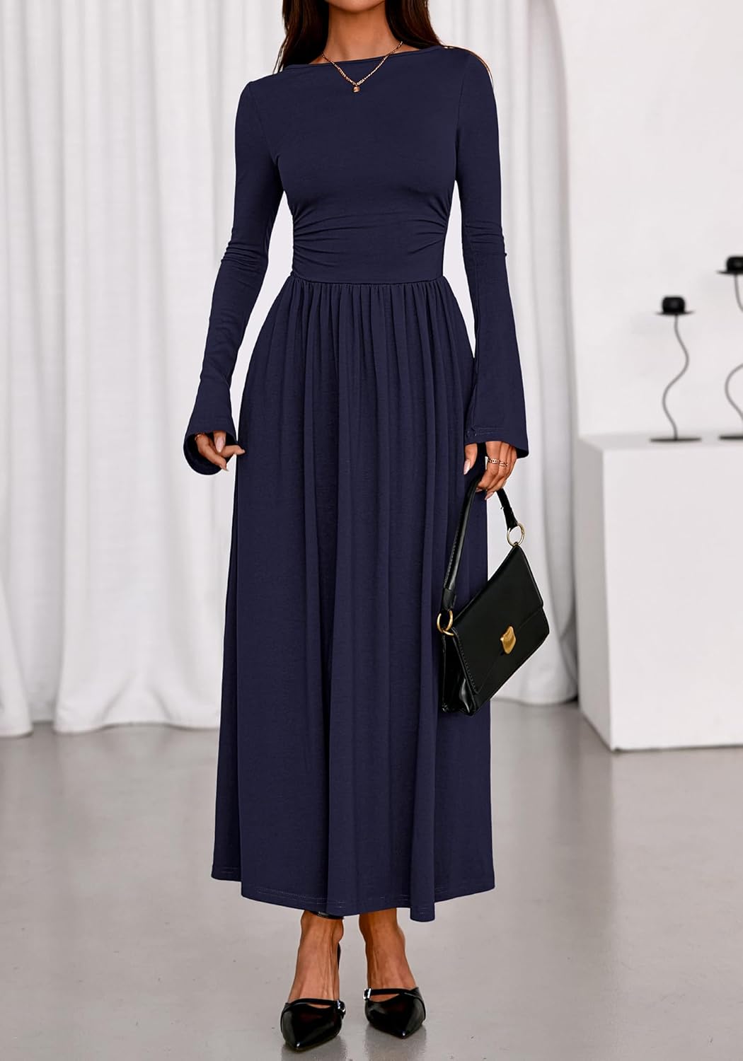 BTFBM Long Sleeve Maxi Dresses for Women 2025 Fall Casual Ruched Boat Neck Flowy Elegant Formal Wedding Guest Dress - Image 7