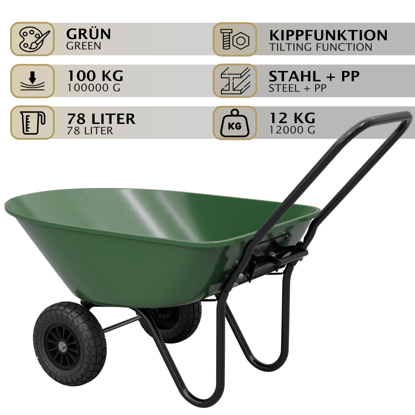 HAGO 24 | Carriola | Verde | Carrello da giardino | 78 l | 100 kg | Funzione ribaltabile | Vasca in PP | Telaio in acciaio | Ruote in PU | Carro cortile | Aiuto per il trasporto