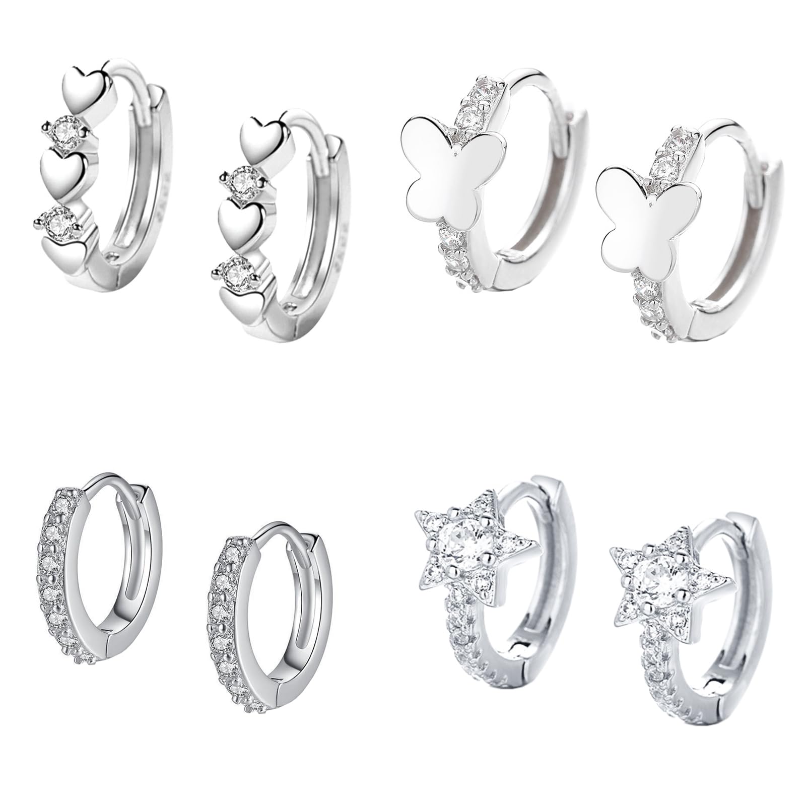 Epoch World 4 Pares Pendientes de Aro Pequeños Pendientes Aro Mujer Pendientes de Plata Pendientes Corazón Mariposa Pendientes Plata Pendientes Estrella Aros con Circonita Pendientes para Mujer Niñas