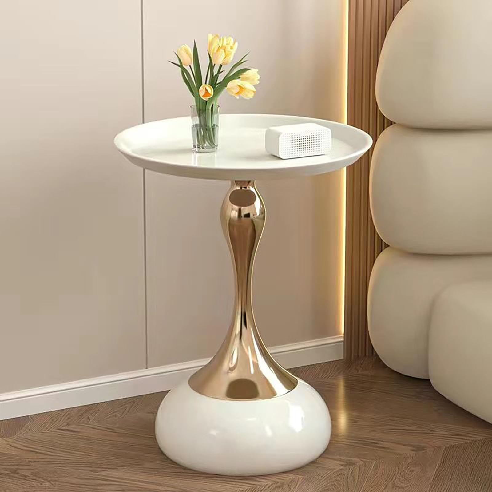Round Metal Drink Table,Accent Table,Bed Side Tables Bedroom,Sofa Side Table,Light Luxury Iron Bracket Balcony Coffee Table,Small Coffee Table,Bedside Table,For Bedroom, Living Room(White/Gold)