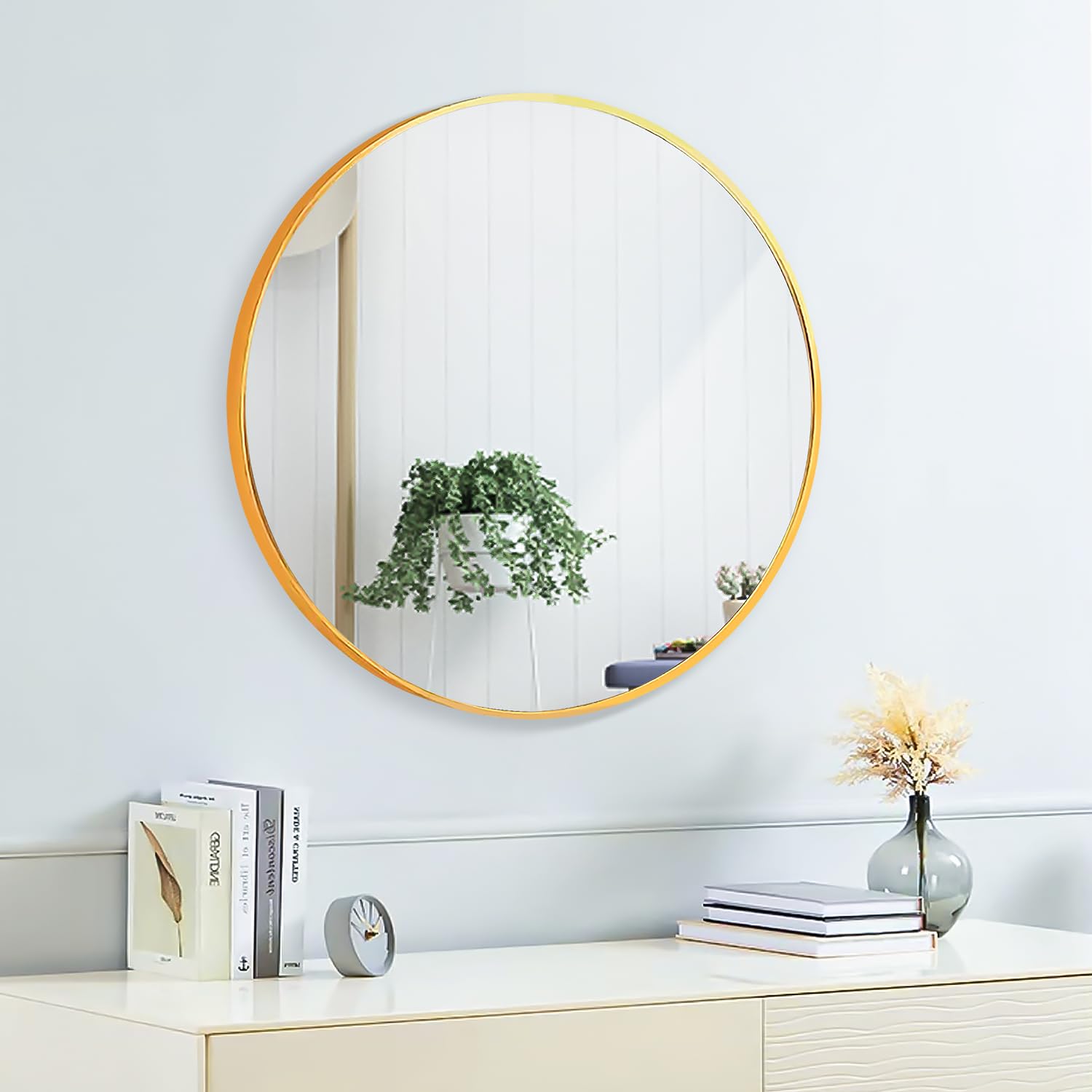 16" Round Mirror Circle Wall Mounted Hanging or Against Wall Metal Frame Dressing Make-up Mirrors for Entryway Bedroom Bathroom Living Room 16 inch Gold