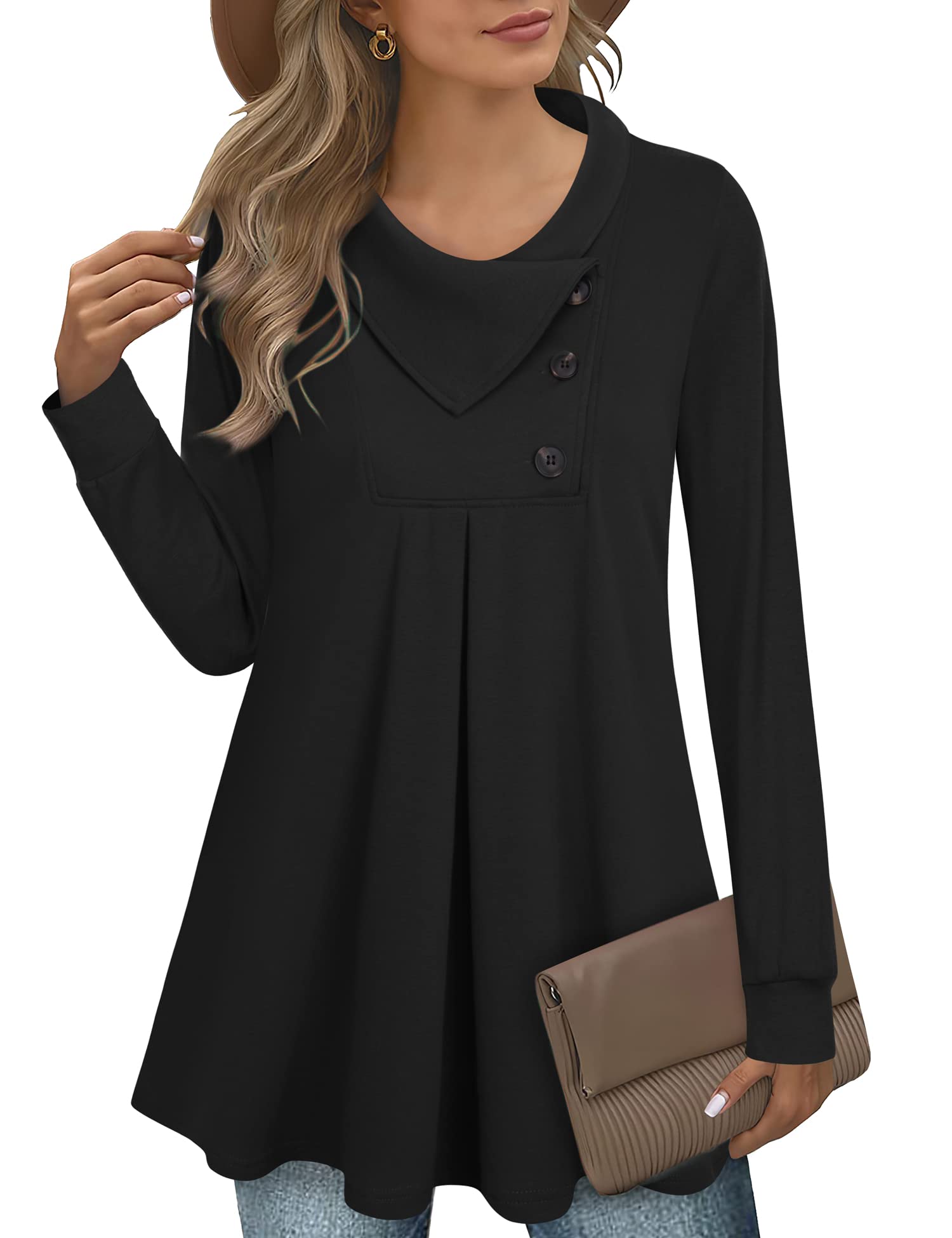 Vafoly Damen Langarm Knopf Revers Pullover Tunika Top Kausalen Swing Sweatshirt