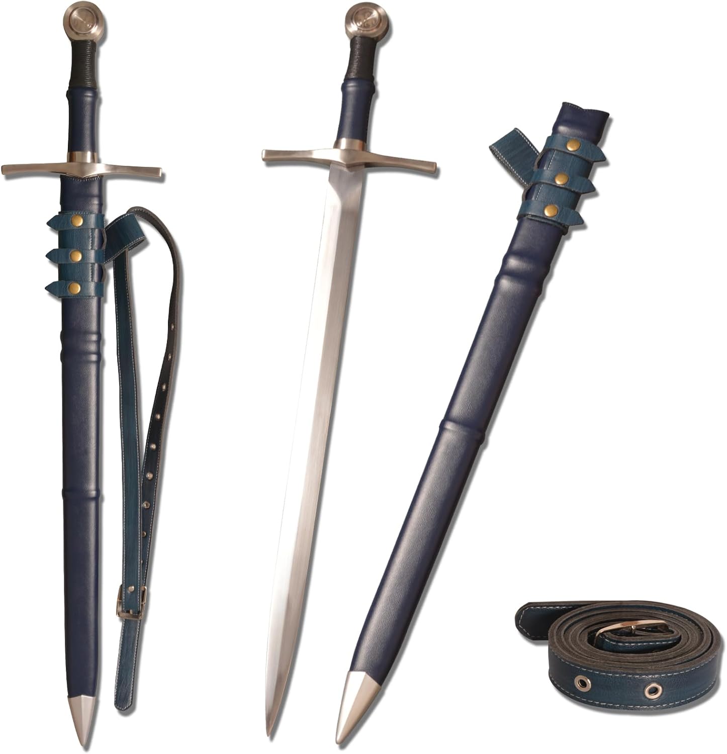 Handmade Cast Sharp Blade Medieval Sword, Full Tang, with Leather Protective Cover,Real Metal Sword for Collection Gift E-Blue